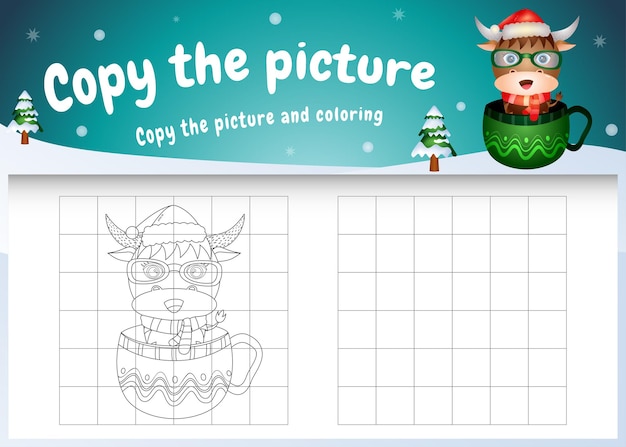 Copie o jogo de crianças e a página para colorir com um búfalo fofo na xícara