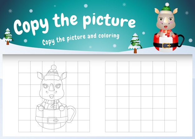 Copie o jogo de crianças e a página para colorir com um lindo rinoceronte na xícara