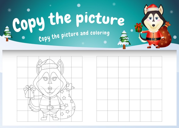 Copie o jogo de imagem para crianças e a página para colorir com um cachorro husky fofo usando fantasia de papai noel