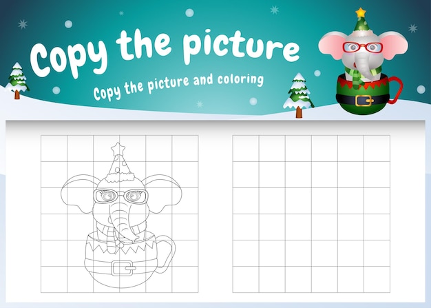 Copie o jogo de imagens para crianças e a página para colorir com um elefante fofo na xícara