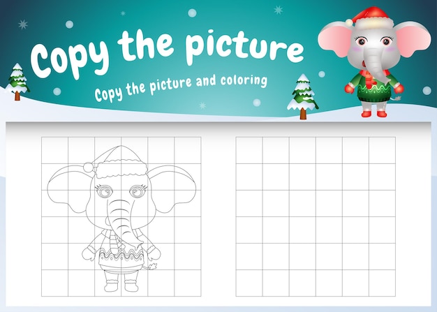 Copie o jogo de imagens para crianças e a página para colorir com um elefante fofo usando uma fantasia de natal