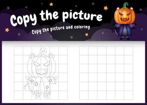 Copie o jogo de imagens para crianças e a página para colorir com um lindo gato preto usando fantasia de halloween