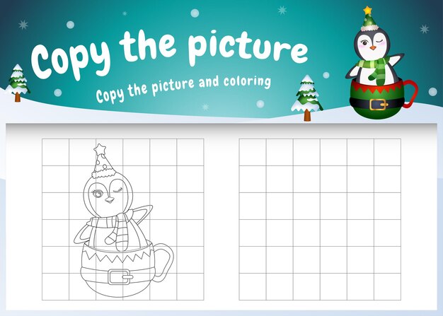 Copie o jogo de imagens para crianças e a página para colorir com um pinguim fofo na xícara