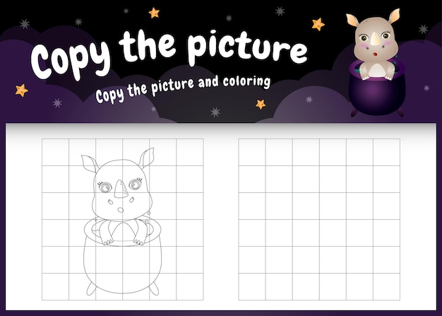 Copie o jogo de imagens para crianças e a página para colorir com um rinoceronte bonito usando fantasia de halloween