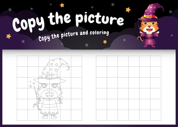 Copie o jogo de imagens para crianças e a página para colorir com um tigre fofo usando fantasia de halloween