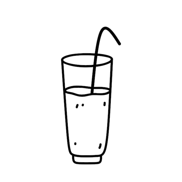 Copo com suco ou água e um canudo isolado no estilo doodle de fundo branco