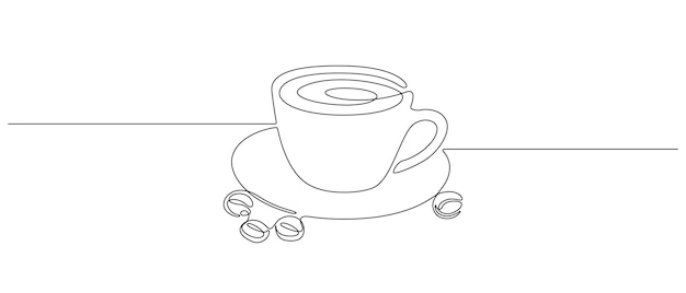 Copo de bebida com grãos de café em um desenho de linha contínua conceito de ícone de contorno minimalista para menu de café ou logotipo e banner da web em estilo linear simples curso editável doodle ilustração vetorial