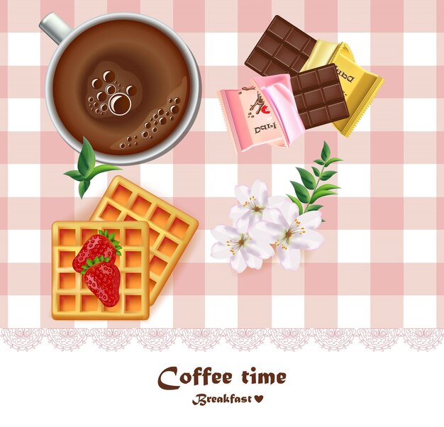 Copo de café fresco e waffles e chocolate com café da manhã. desenho realista vista superior