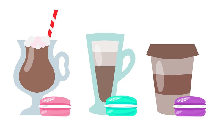 Vetor copo de café para macaroons de cacau e cappuccino com leite