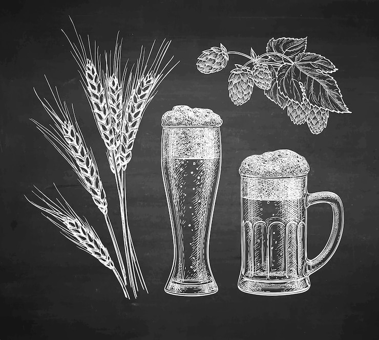 Vetor copo de cerveja de malte de lúpulo e caneca de cerveja esboço de giz no fundo do quadro-negro ilustração desenhada à mão