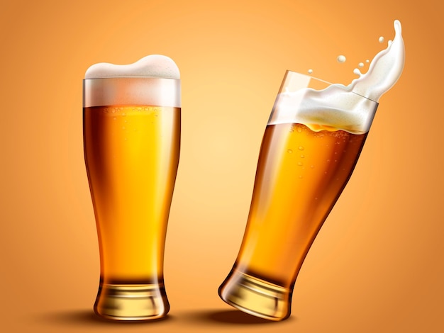 Copo de cerveja de vidro com respingos de cerveja, cerveja atraente em modelo 3D