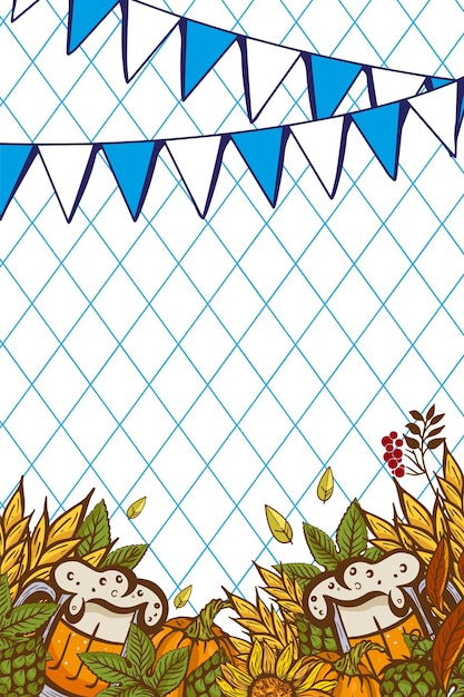 Copo de cerveja entre folhas e cone de lúpulo em um banner da oktoberfest decorado com símbolos tradicionais de um festival de cerveja na europa.
