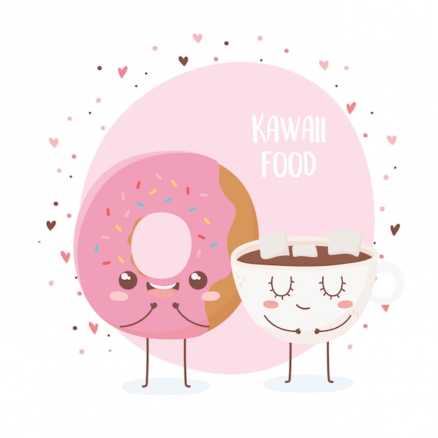 Vetor copo de donut e chocolate com design de personagens de desenhos animados de comida kawaii de marshmallow