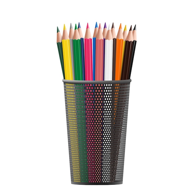 Copo de lápis de metal preto cheio de lápis coloridos usados isolados em uma ilustração em vetor 3d realista de fundo branco