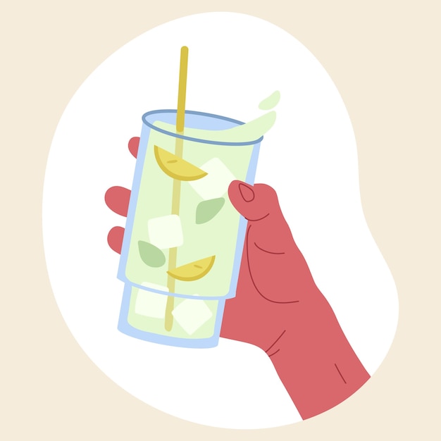 Copo de limonada na mão água mineral com limão e gelo ilustração vetorial plana no fundo branco
