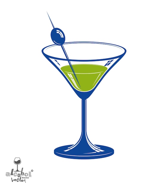 Copo de martini 3d realista com baga verde-oliva, ilustração do tema da bebida. objeto de salão artístico estilizado, relaxamento e celebração – festa.