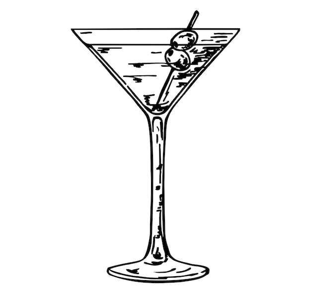 Copo de martini com azeitonas Cocktail de álcool desenhado à mão Cocktail de martini de cor preta desenhado à mão com azeitona Ilustração em vetor estilo vintage