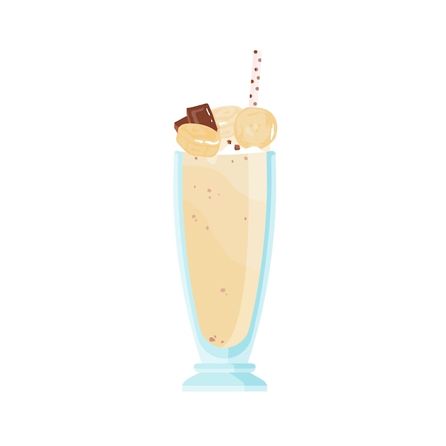 Copo de milk-shake de baunilha frio decorado com pedaços de chocolate e doces de caramelo. Deliciosa bebida de verão. Bebida refrescante com canudo. Ilustração em vetor plana dos desenhos animados isolada no branco.