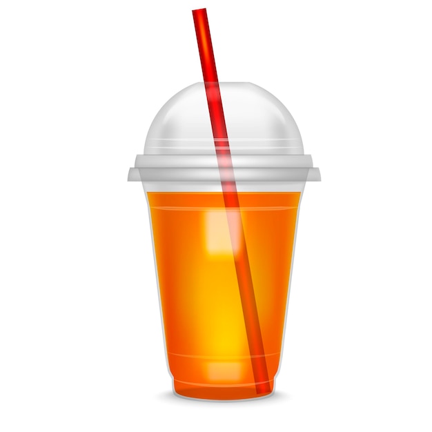 Copo de plástico de cocktail detalhado realista bruxa palha e bebida, bebida, líquido ou suco fresco.