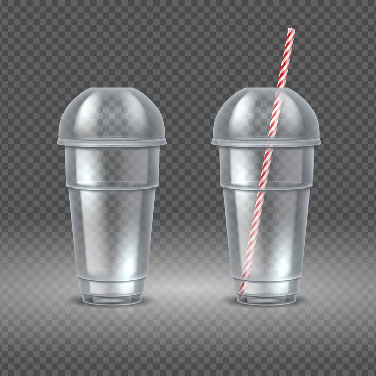 Vetor copo de plástico realista. recipiente de café transparente com palha, suco de água e copo de coquetel. conjunto de recipientes para descarte