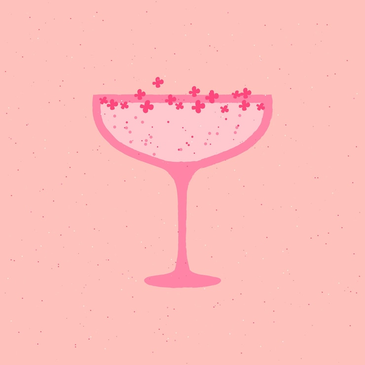 Vetor copo de sobremesa de champanhe rosa com flores ilustração vetorial plana com textura