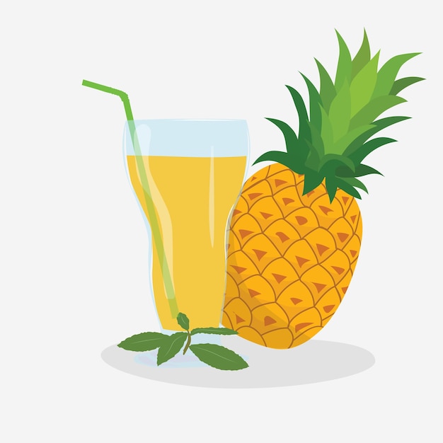 Copo de suco de abacaxi, copo de coquetel, suco de fruta, clip art, vetor plano de desenho animado