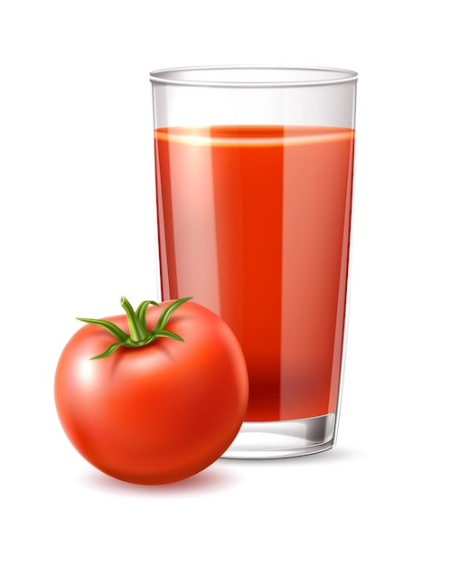 Vetor copo de suco de tomate realista e tomate maduro inteiro com folhas copo de suco vermelho de vetor