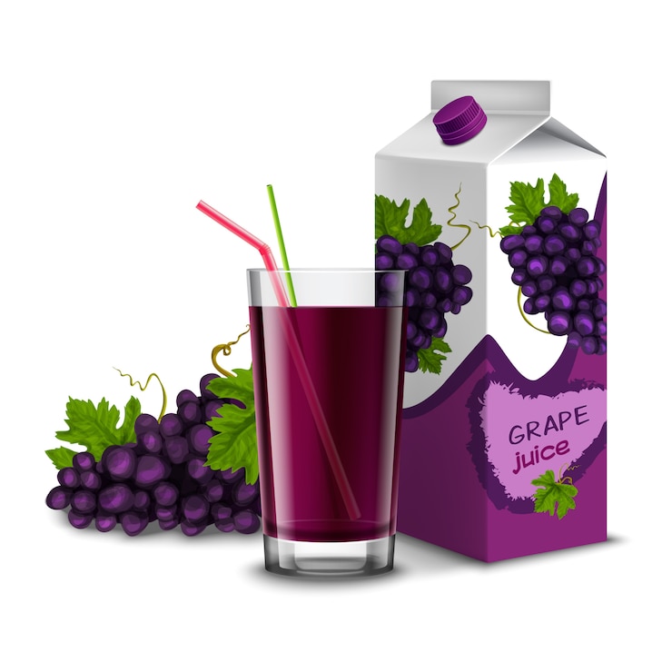 Vetor copo de suco realista com ramo de uva palha cocktail e pacote isolado no fundo branco