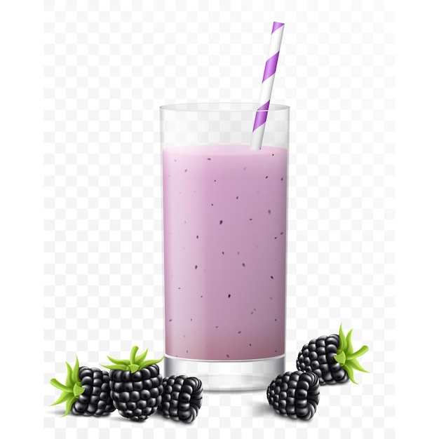 Copo de suco refrescante de amora madura com frutas e palha listrada para coquetéis isolados em fundo transparente Smoothies de amora Vetor 3d realista