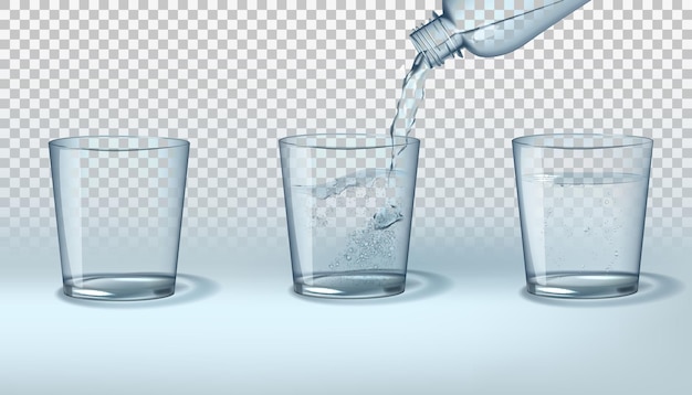 Copo de vidro garrafa de bebida 3D de água pura realista com jato de derramamento em movimento dinâmico vazio e cheio líquido transparente e claro purificado ou mineral aqua fria Ilustração isolada de vetor