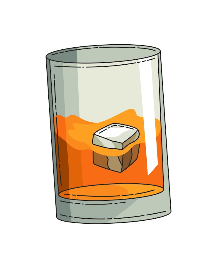 Vetor copo de whisky com gelo. vidro de vetor realista com whisky escocês smokey isolado no fundo branco. copo e bebida