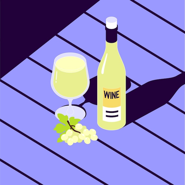 Vetor copo e garrafa de vinho branco