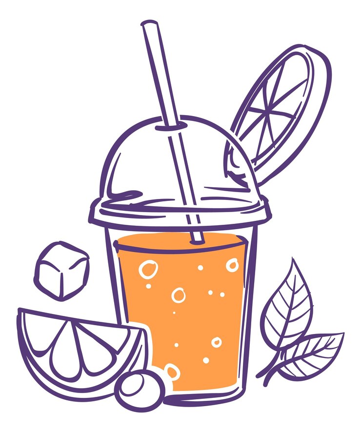 Vetor copo plástico de suco de laranja esboço de smoothie de frutas isolado em fundo branco