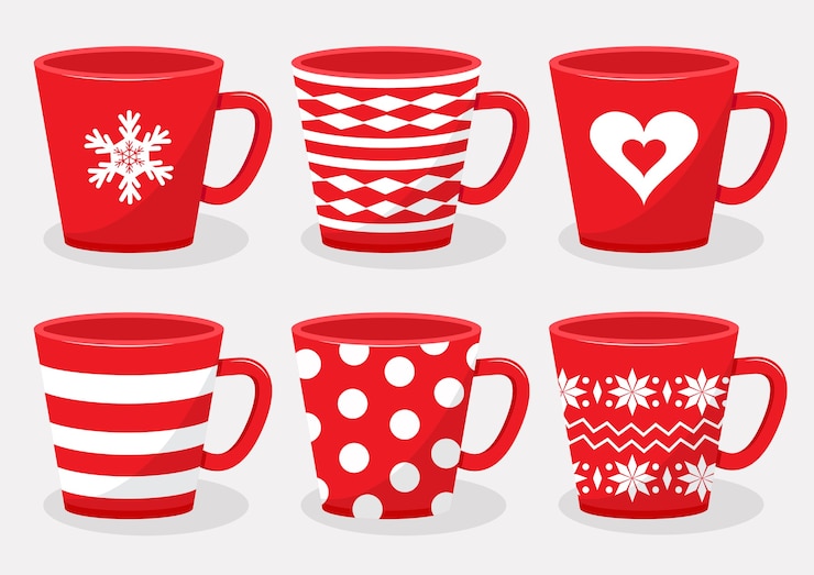 Vetor copos cerâmicos para bebidas com design diferenciado, cores vermelho e branco.