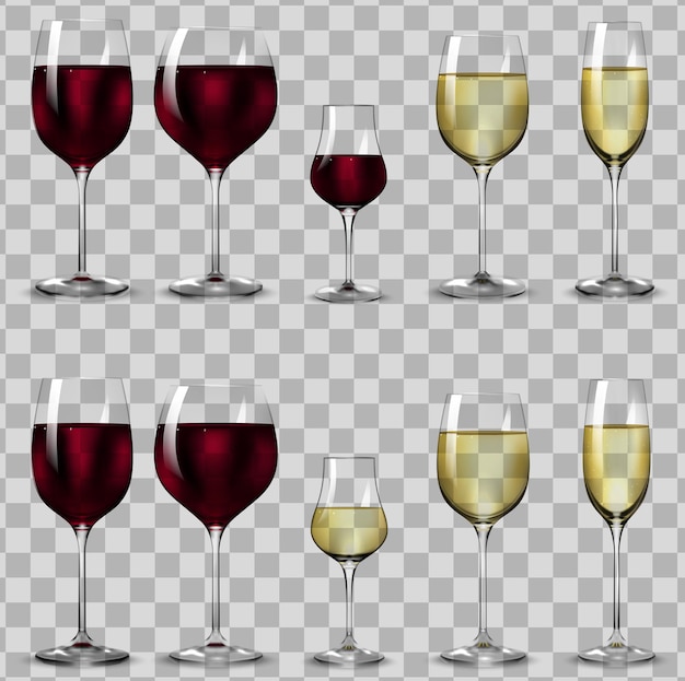 Vetor copos cheios e vazios para vinho branco e tinto coleção de copos de vinho realistas ilustração vetorial