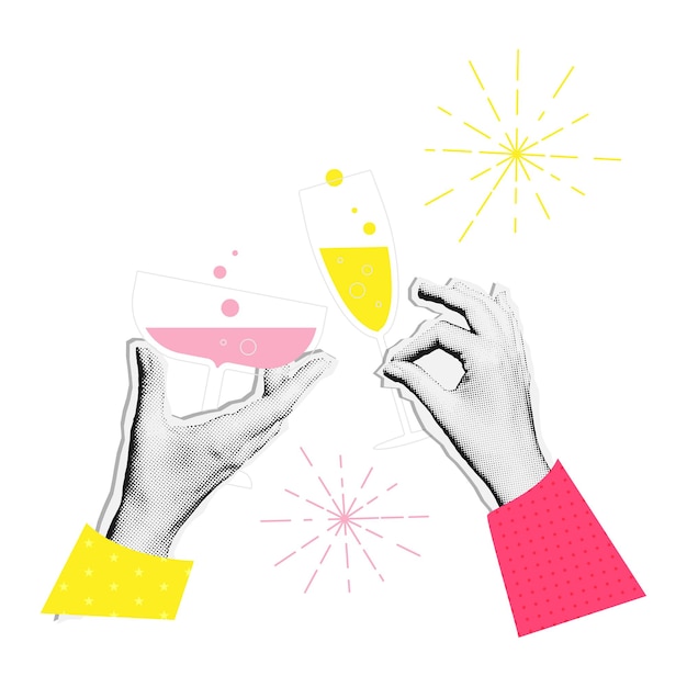 Vetor copos de ano novo de champanhe e fogos de artifício elegante padrão de bandeira vintage ilustração vetorial em