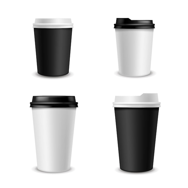 Copos de café de papel realistas Copo de papel branco e preto recipiente em branco de tamanho diferente com tampa de plástico 3d aroma matinal latte mocha cappuccino pacote de bebidas quentes branding mockup vetor conjunto isolado