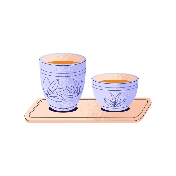 Vetor copos de cerâmica ornamentados de chá verde bebida de ervas asiáticas em canecas de cerâmica copos de chá de oolong puer em bandeja bebida quente oriental tradicional ilustração vetorial isolada plana em fundo branco