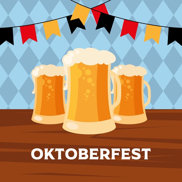 Copos de cerveja com desenho de flâmula de banner, festival alemão Oktoberfest e tema de celebração
