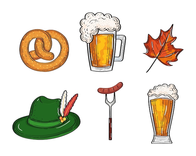 Copos de cerveja pretzel e salsicha no design de folha e chapéu de garfo, festival Oktoberfest da Alemanha e tema de celebração