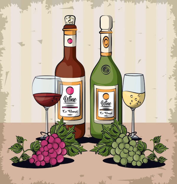 Copos de vinho e garrafas com frutas uvas vector design ilustração