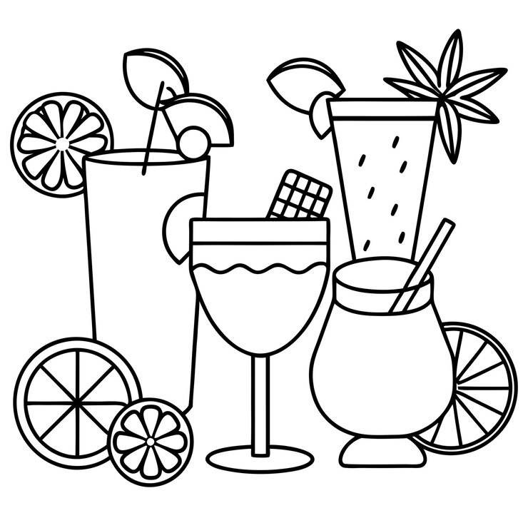 Vetor coquetéis com frutas cítricas esboço livro de coloração página desenho de arte de linha