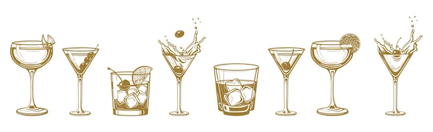 Vetor coquetéis daiquiri alcoólicos à moda antiga manhattan martini sidecar vidro mão desenhada gravura ilustração vetorial conjunto de bebidas estilo vintage preto e branco isolado