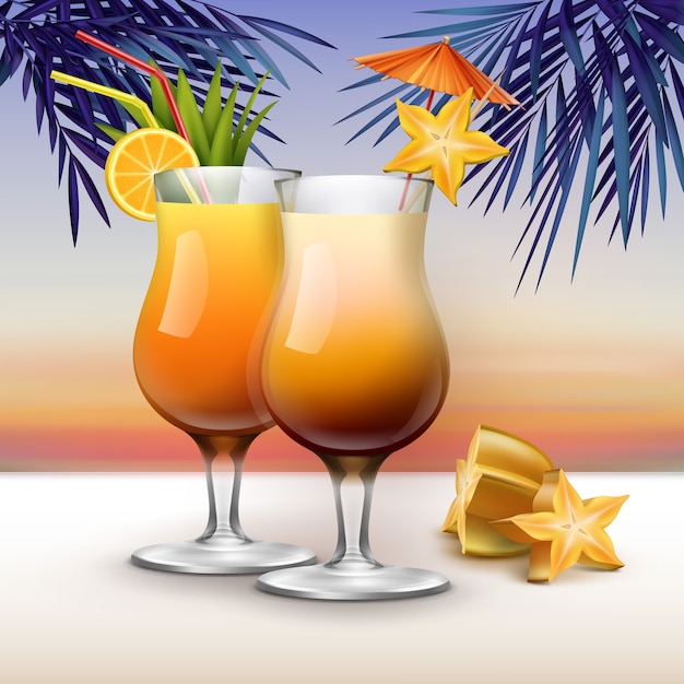 Coquetéis tropicais de vetor decorados com carambola, rodelas de laranja, tubos de palha vermelha e amarela e guarda-chuva rosa no fundo do sol com folhas de palmeira