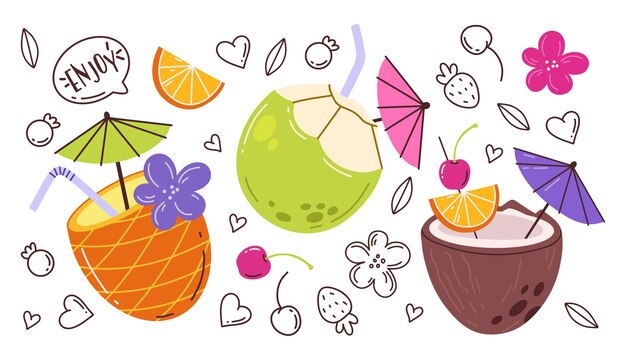 Coquetéis tropicais um conjunto de bebidas de desenho animado copos de coco e abacaxi de bebidas refrescantes com gelo