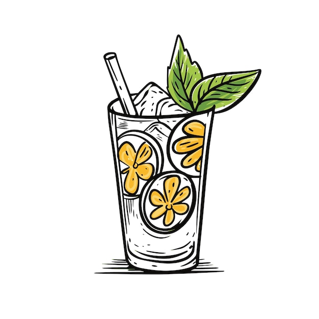 Coquetel de bebida de limonada desenhado à mão fatias de limão e ingredientes de menta elemento de design do menu de verão ve