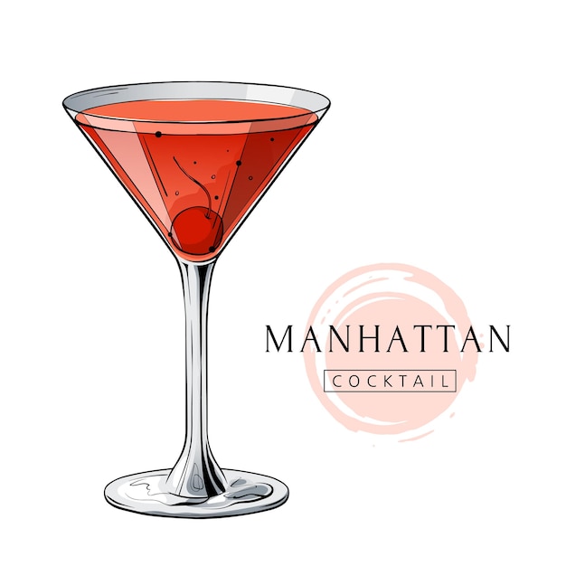 Coquetel de Manhattan, bebida alcoólica desenhada à mão com cereja