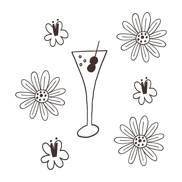 Vetor coquetel de martini de flores monocromáticas