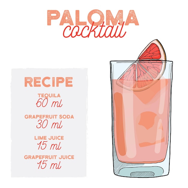 Vetor coquetel de paloma ilustração receita bebida com ingredientes