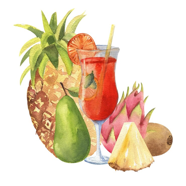 Vetor coquetel no fundo de frutas tropicais abacaxis kiwi frutas do dragão destacadas em um wh